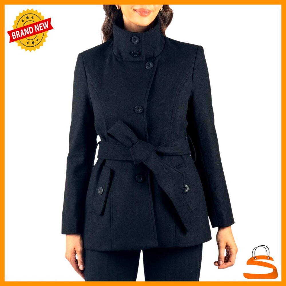 Wool Blend Peacoat Convertible Collar Removable Belt 3-In-1 Versatile Chic